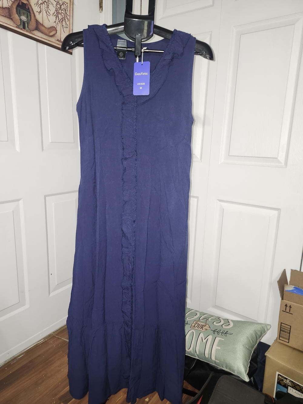 Sleeveless Navy Ruffle-Trim Maxi Dress